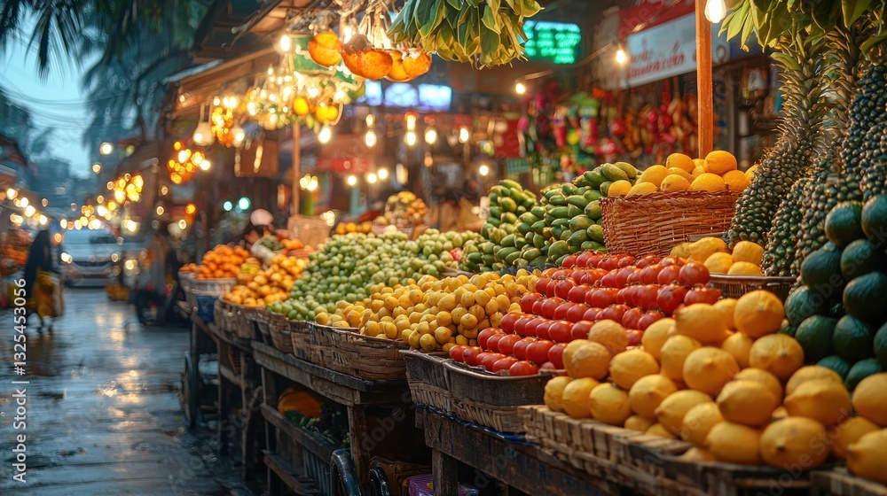 Fototapeta premium Vibrant night market overflowing with colorful fruits and vegetables.