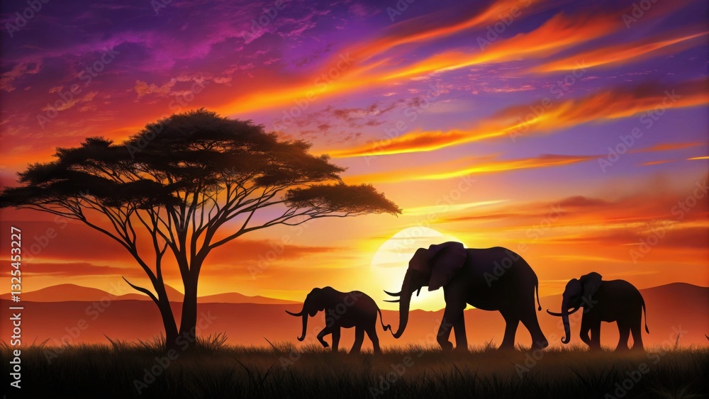 Fototapeta premium elephants at sunset