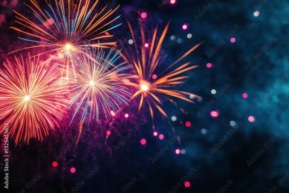 Fototapeta premium Bright colorful fireworks exploding in night sky create stunning display of light and color, illuminating dark backdrop with vibrant hues and sparkling effects