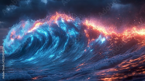 Wallpaper Mural A large glowing wave crashes against a dark stormy sky Torontodigital.ca