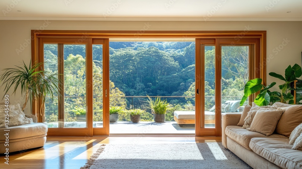 Fototapeta premium Wide wooden bifold doors revealing a bright and airy living room.