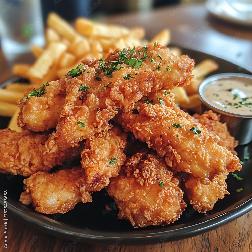 Crispy Fried Fish Bites with French Fries and Creamy Dipping Sauce. A delicious meal perfect for sharing. Crispy Fried Fish Bites with French Fries and Creamy Dipping Sauce. A delicious meal perfect for sharing.