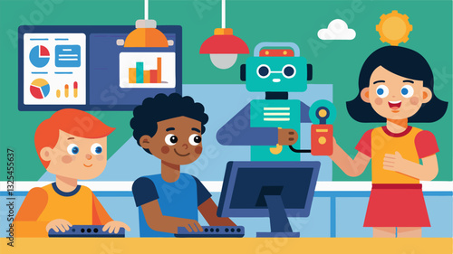 One corner of the room is dedicated to handson activities with students using programmable robots to learn coding concepts.. Vector illustration