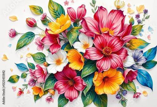 Abstract oil painting of vibrant spring/summer flowers and leaves on white background, white background, leaves