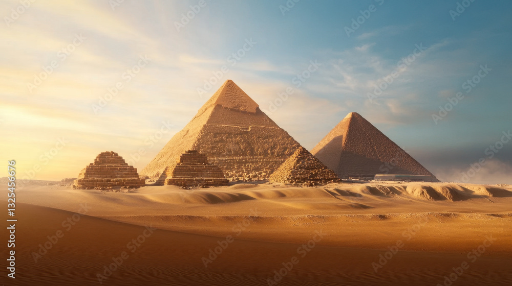 majestic pyramids rise in Egyptian desert, showcasing ancient architecture against stunning sunset. scene evokes sense of wonder and history majestic pyramids rise in Egyptian desert, showcasing ancient architecture against stunning sunset. scene evokes sense of wonder and history