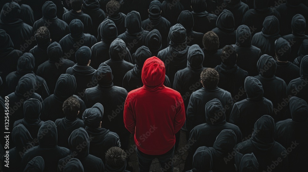 Obraz premium Standing Out in Urban Fashion: Red Hoodie Symbolizes Individuality Amidst Anonymity in Modern Society