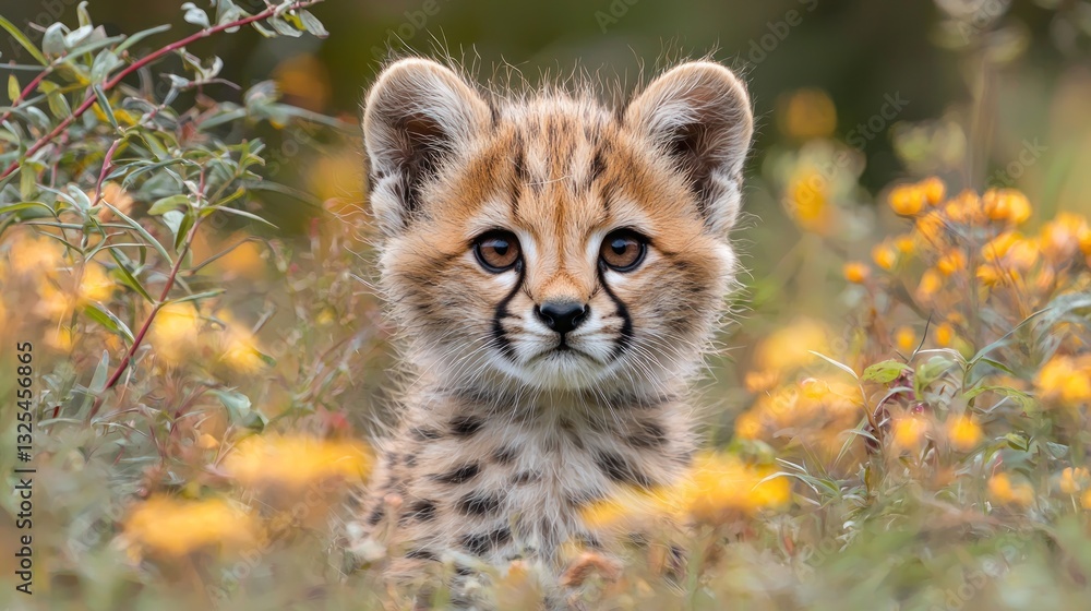 Obraz premium Adorable serval kitten amidst vibrant yellow flowers.