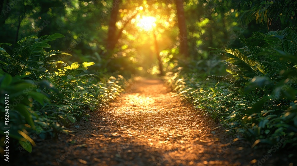 Obraz premium Sunlit path through lush green forest. (1)