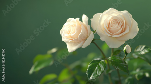 Elegant white roses bloom beautifully against soft green background, showcasing their delicate petals and lush green leaves. serene atmosphere evokes sense of tranquility and grace