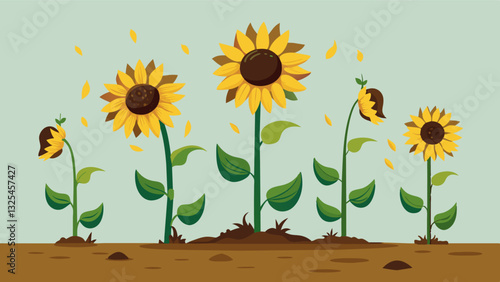 The sunflower plants were all drooping towards the ground their once vibrant petals now dull and wilting.. Vector illustration