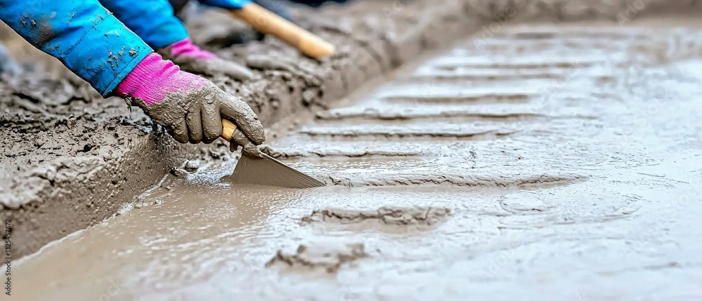A person working with wet cement, using a tool to create smooth lines in the surface, showcasing craftsmanship in construction. A person working with wet cement, using a tool to create smooth lines in the surface, showcasing craftsmanship in construction.