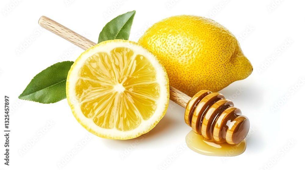 Lemon piece honey dipper set isolated on white Lemon piece honey dipper set isolated on white