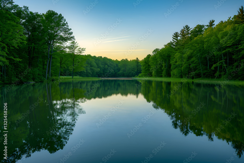 Serene Sunrise Over a Tranquil Lake Surrounded by Lush Greenery in a Peaceful Natural Setting Serene Sunrise Over a Tranquil Lake Surrounded by Lush Greenery in a Peaceful Natural Setting