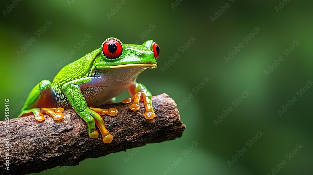 Obraz premium A vibrant green frog with striking red eyes on a branch