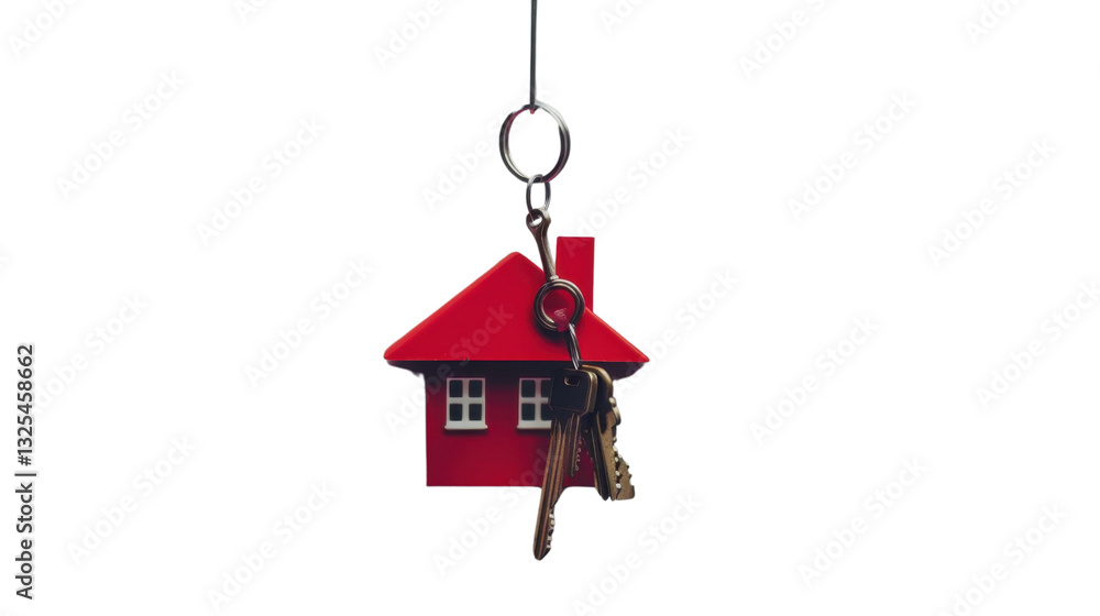 Red miniature house keychain hanging with keys on transparent background Red miniature house keychain hanging with keys on transparent background