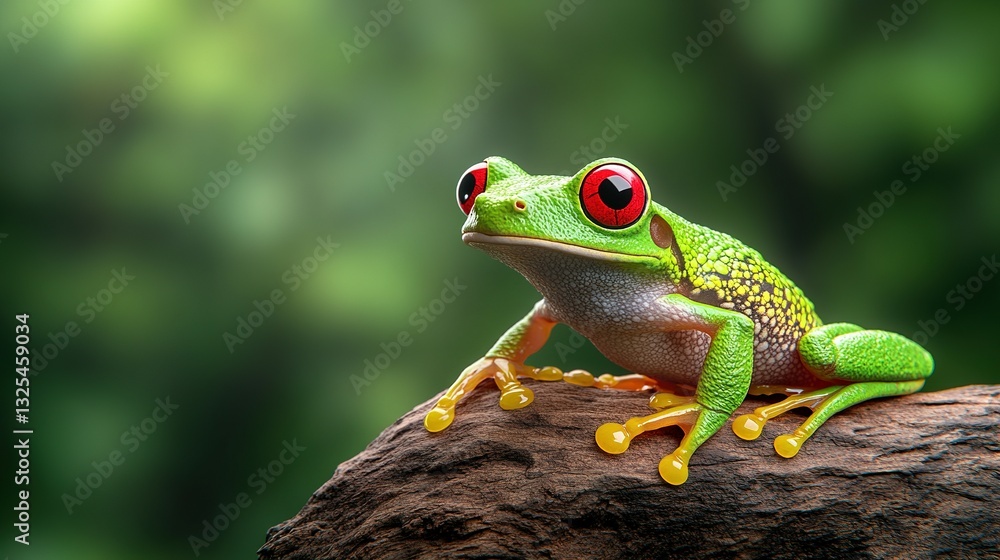 Obraz premium A colorful green frog with big red eyes is perched nicely