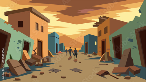 The streets are lined with dilapidated buildings their windows shattered and doors wide open. Its as if the villagers left in a hurry leaving behind their homes and livelihoods.. Vector illustration