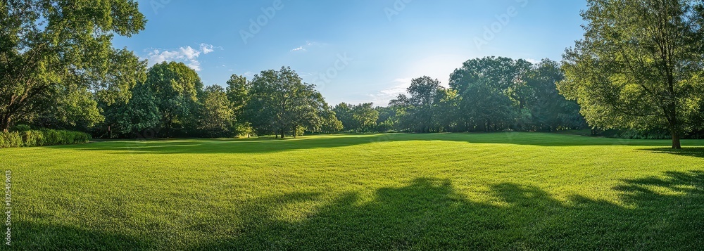 Fototapeta premium Lush Green Meadow with Sunlit Trees Under Clear Blue Sky Ideal for Nature Photography and Outdoor Activities in a Peaceful Environment