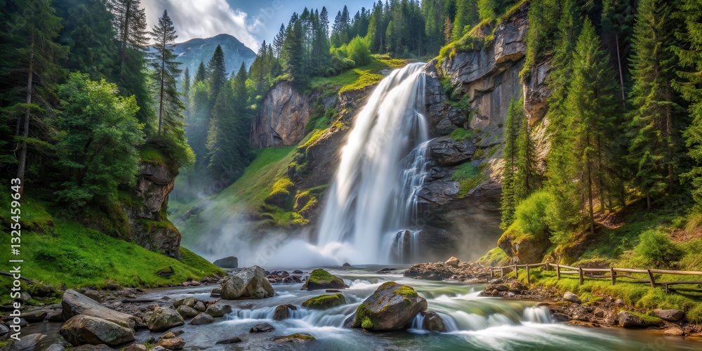 Fototapeta premium Waterfall in Krimmler Valley Austria , forest surroundings