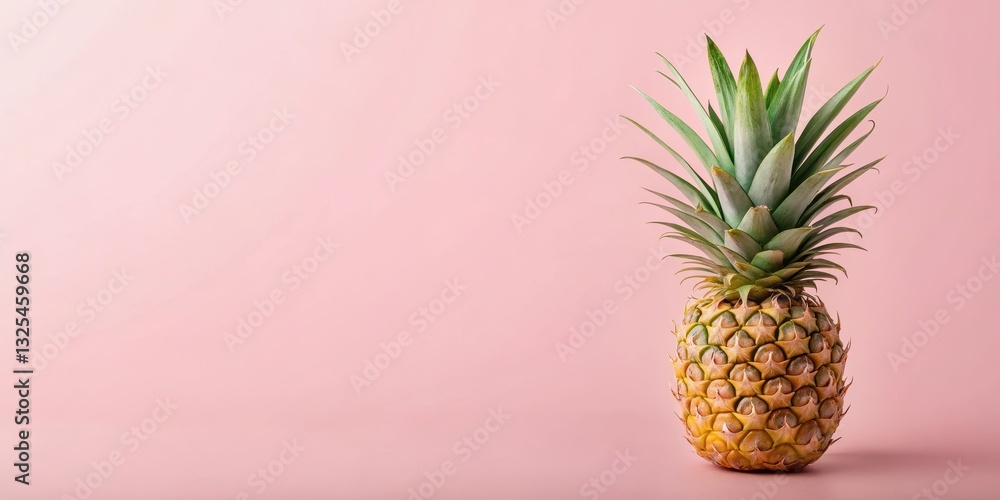 Fototapeta premium Pineapple on a soft pink background with a few leaves scattered around