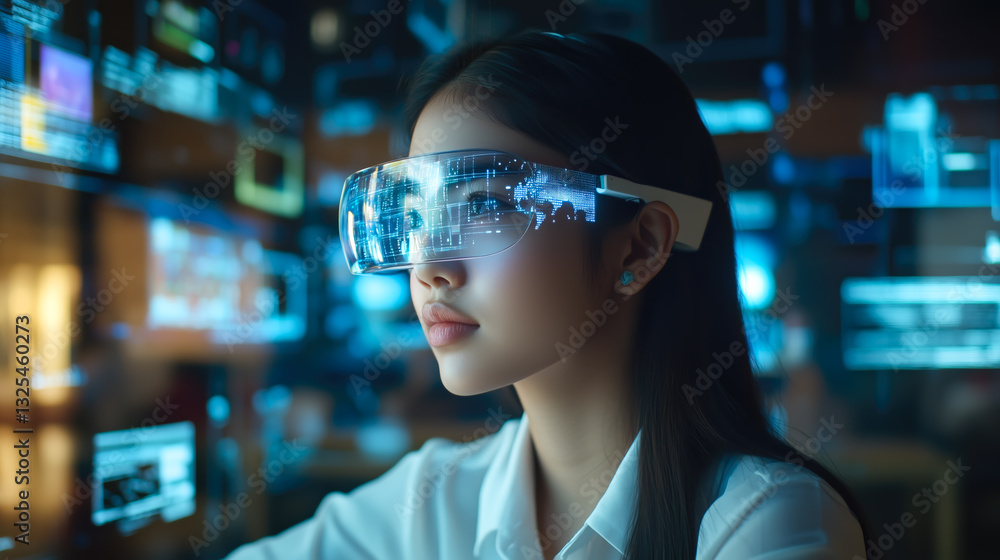 A modern lady interacts with futuristic technology, engaging with holographic displays. The concept of innovation, artificial intelligence, and the evolution of human-technology interaction. A modern lady interacts with futuristic technology, engaging with holographic displays. The concept of innovation, artificial intelligence, and the evolution of human-technology interaction.