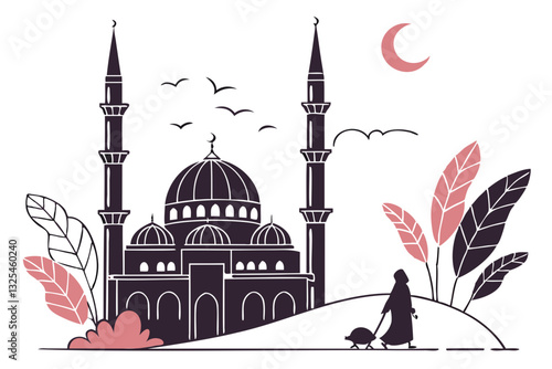 Modern Flat Mosque Silhouette Vector Illustration  Isolated on Transparent Background