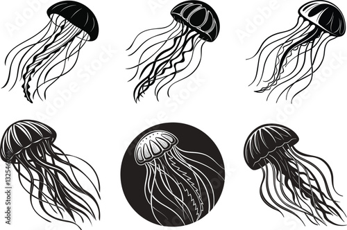 Elegant Ocean Drifters A Collection of Jellyfish Silhouette.