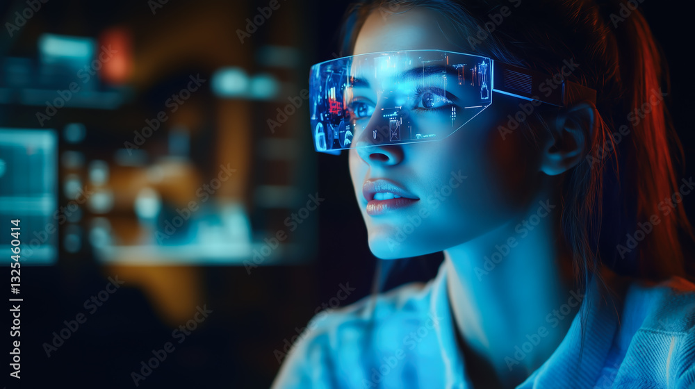 A modern lady interacts with futuristic technology, engaging with holographic displays. The concept of innovation, artificial intelligence, and the evolution of human-technology interaction. A modern lady interacts with futuristic technology, engaging with holographic displays. The concept of innovation, artificial intelligence, and the evolution of human-technology interaction.