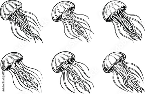 Elegant Ocean Drifters A Collection of Jellyfish Silhouette.