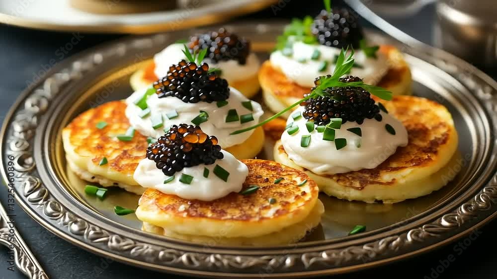 Gourmet pancakes topped with cream and caviar served on an ornate plate in a cozy setting Gourmet pancakes topped with cream and caviar served on an ornate plate in a cozy setting