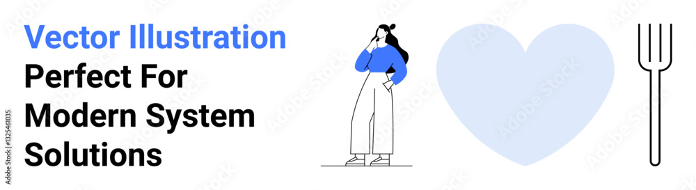 Woman contemplating with hand on face, large pastel heart, and fork outline. Ideal for lifestyle, feelings, modern design, self-care, relationships, minimalism and flat landing page banner Woman contemplating with hand on face, large pastel heart, and fork outline. Ideal for lifestyle, feelings, modern design, self-care, relationships, minimalism and flat landing page banner