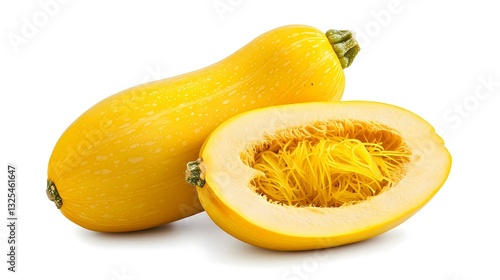 Whole and cut spaghetti squashes on white