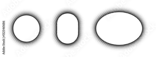 Black halftone ellipse frame set. Round dotted gradient border collection. Pop art comic dot picture holders for banner template, copy space, emblem, poster element. Vector rasterized framing back
