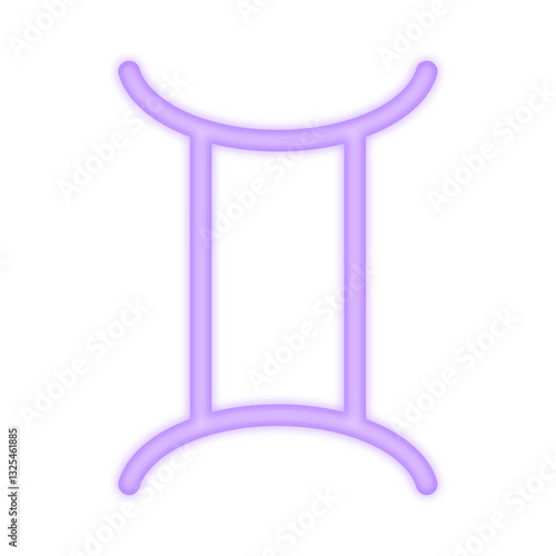 A vibrant neon illustration of the Gemini zodiac symbol glowing in purple, representing astrology, communication, adaptability, and air sign energy