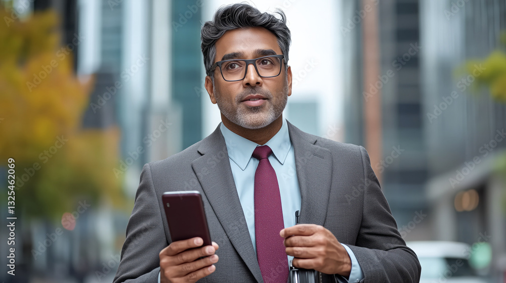 Confident Indian Businessman Walking Near Corporate Towers Confident Indian Businessman Walking Near Corporate Towers