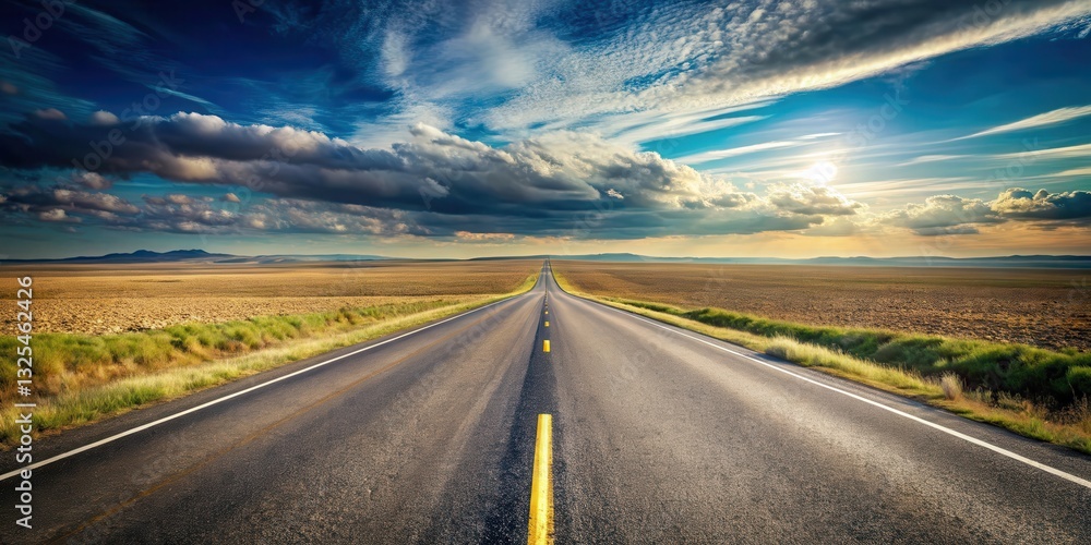 Naklejka premium A vast road stretches into the distance with three parallel pathways diverging from it, each path disappearing into the horizon