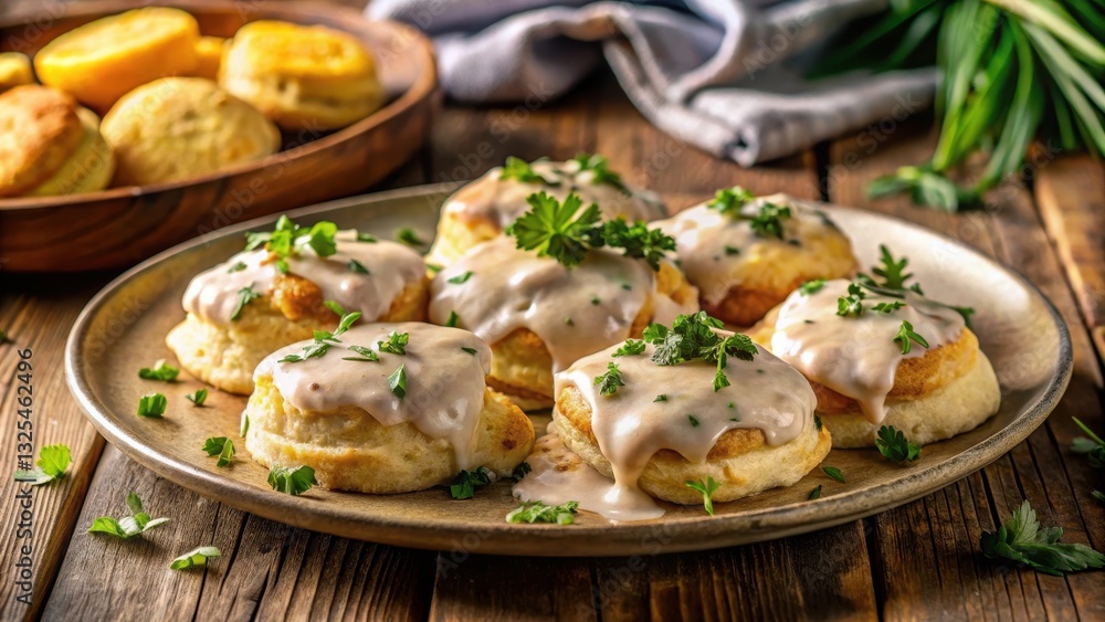 Warm, golden light shining on a rustic plate with delicious biscuits and gravy, topped with fresh herbs and melted butter , baked goods, breakfast plate Warm, golden light shining on a rustic plate with delicious biscuits and gravy, topped with fresh herbs and melted butter , baked goods, breakfast plate