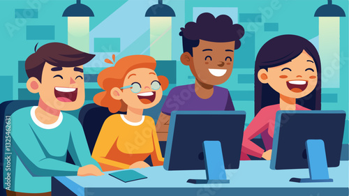 Laughter echoes in the computer lab as a group of teens joke and collaborate while debugging their program making the task a bit more enjoyable.. Vector illustration