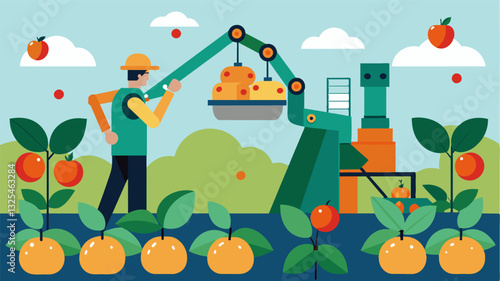 Using advanced sensors and algorithms robotic fruit pickers work tirelessly in the fields identifying and selecting only the finest produce.. Vector illustration