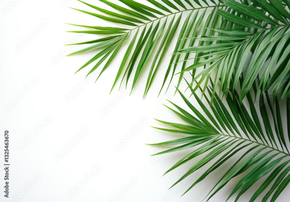 Fototapeta premium Lush Green Palm Leaves Bordering White Background Ideal for Tropical, Nature, or Freshness Themes in Design and Advertisements