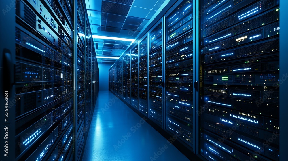 Fototapeta premium Server Room Data Center with Rows of Rack Mounted Servers