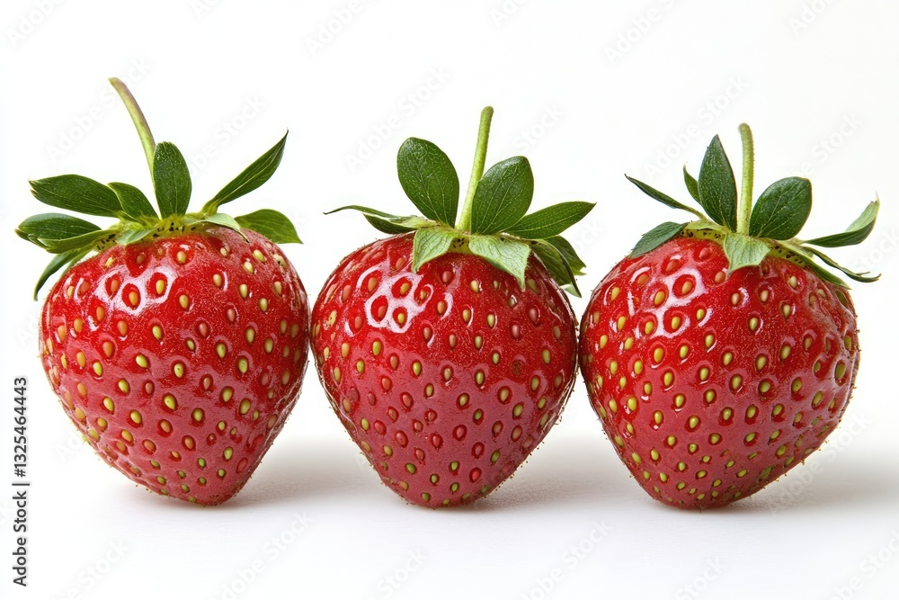 Fresh, vibrant strawberries in a row. Three ripe, red strawberries with green leaves are displayed against a plain white background. Each berry is dotted with small seeds and has a stem Fresh, vibrant strawberries in a row. Three ripe, red strawberries with green leaves are displayed against a plain white background. Each berry is dotted with small seeds and has a stem