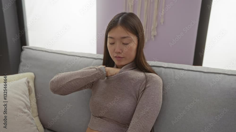Woman checking temperature with thermometer on sofa in cozy apartment living room expressing concern Woman checking temperature with thermometer on sofa in cozy apartment living room expressing concern