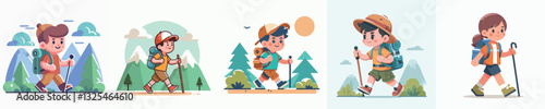 Hiking Kids Vector Set Image