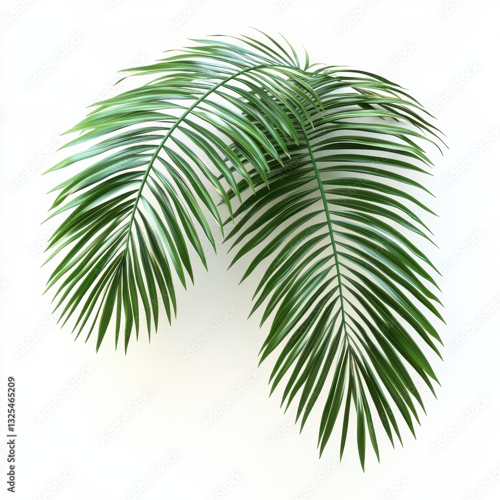 Fototapeta premium Lush Green Palm Leaves Isolated on White Background for Tropical and Nature Inspired Designs, Perfect for Illustrations and Decoration Purposes