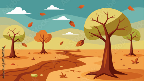 The trees surrounding the field were drooping and wilted their leaves falling to the cracked ground in a feeble attempt to conserve energy.. Vector illustration