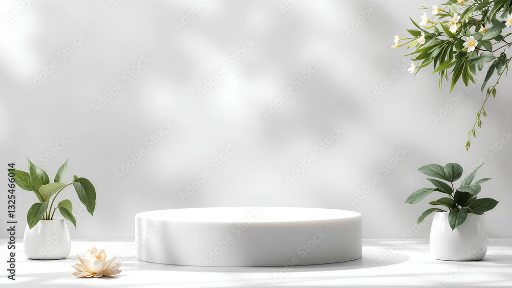 minimalist display featuring round pedestal surrounded by potted plants and flower. serene setting emphasizes natural beauty and simplicity, perfect for showcasing products or art minimalist display featuring round pedestal surrounded by potted plants and flower. serene setting emphasizes natural beauty and simplicity, perfect for showcasing products or art