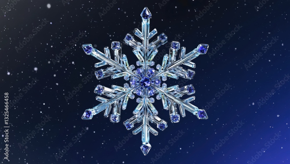 Surreal sapphire and platinum snowflake rotation in macro detail for holiday design and winter inspiration Surreal sapphire and platinum snowflake rotation in macro detail for holiday design and winter inspiration