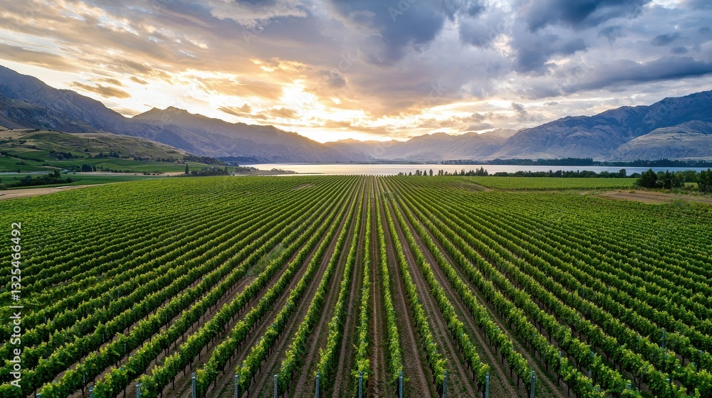 A large field of green grapes with a beautiful sunset in the background A large field of green grapes with a beautiful sunset in the background