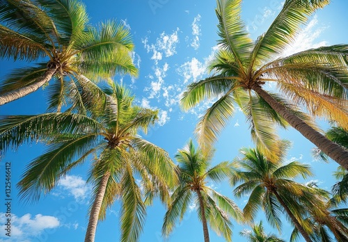 Wallpaper Mural Lush Green Palm Trees Against Bright Blue Sky with Fluffy White Clouds in Tropical Paradise Atmosphere for Nature and Travel Enthusiasts Torontodigital.ca